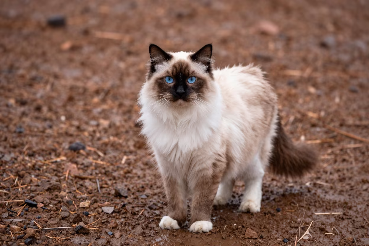 Ragdoll Cat Portrait in Uyuni Garden Morning Light in near a garden edge with soft morning light and an uncluttered background in Uyuni