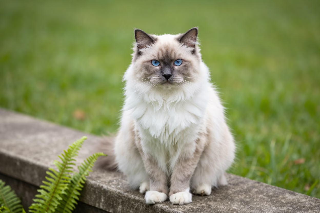 Ragdoll Cat Portrait on Garden Ledge Morning Light in near a garden edge with soft morning light and an uncluttered background near Tampa