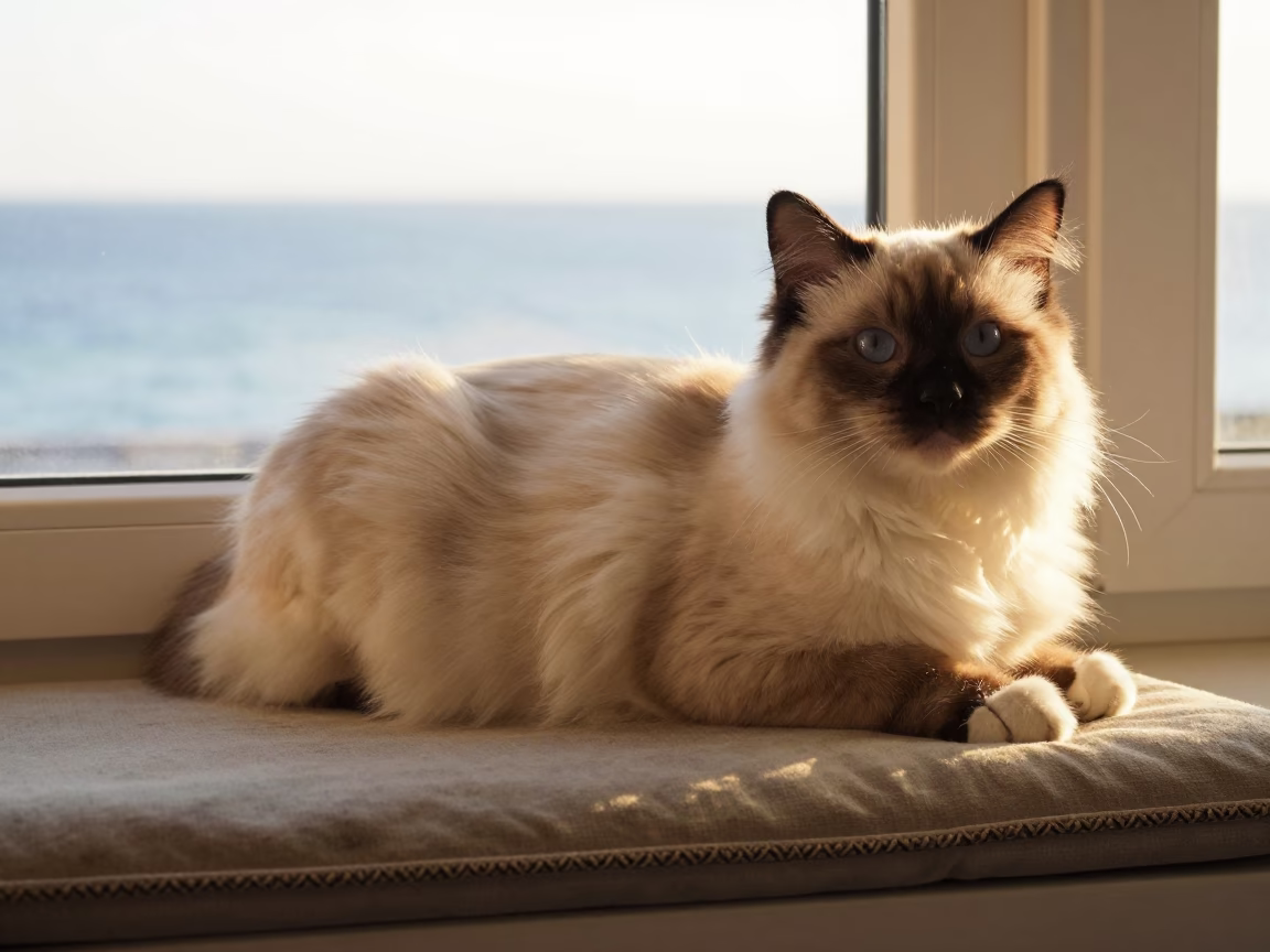 Ragdoll Cat Portrait on Port-de-Paix Window Seat in on a cushioned window seat with soft side light and an uncluttered background near Port-de-Paix