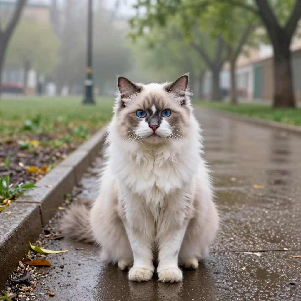 Ragdoll Cat Portrait on Quiet Park Path in Shiraz in along a quiet park path with soft open shade and a clean background near Shiraz