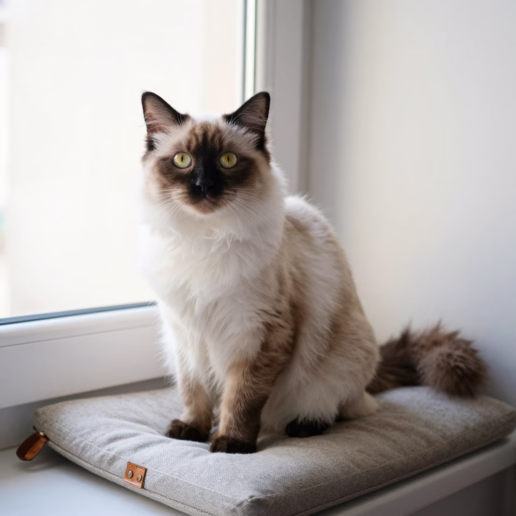 Ragdoll Cat Portrait on Window Seat Iquitos in on a cushioned window seat with soft side light and an uncluttered background in Iquitos
