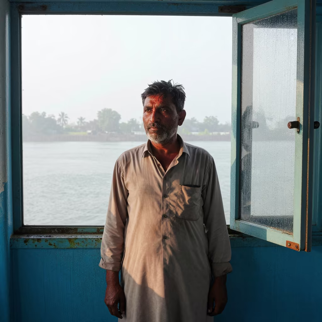 Rahim Ferry Mechanic Portrait Near Rain Window in near a riverside landing in Rahim Yar Khan
