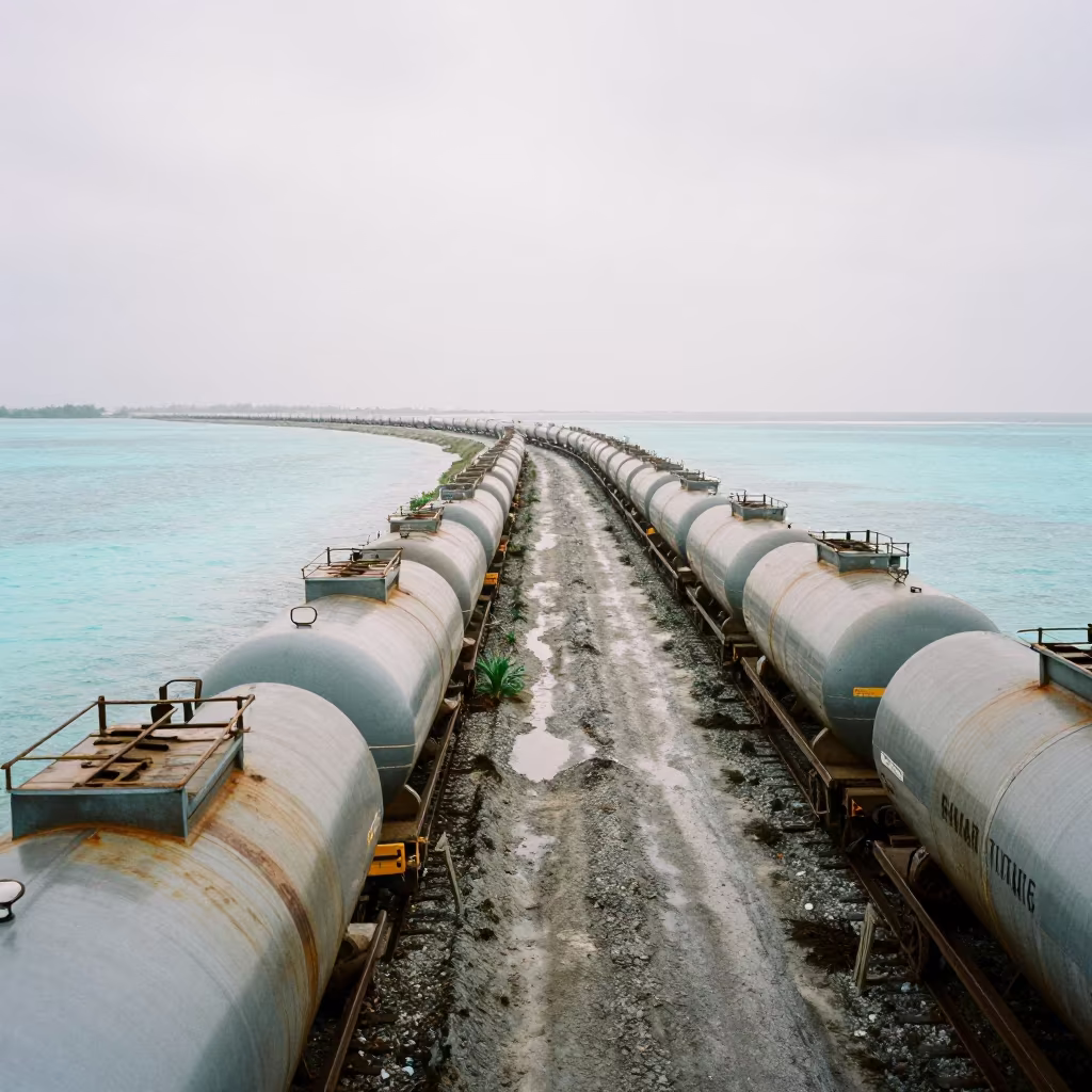 Rail Freight Tank Cars on Maldives Causeway in on a wind-open causeway in Maldives
