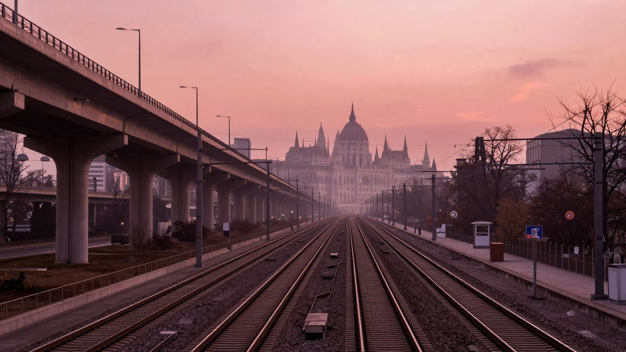 Rail Lines in Budapest at Copper-toned Light Before Dusk in in Budapest, Hungary