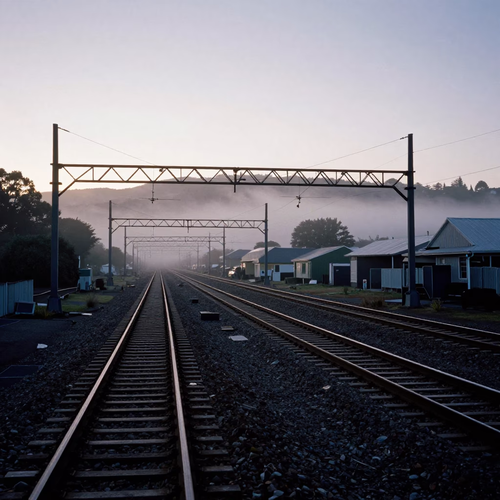 Rail Lines in Wellington at The Still Hours Before Dawn Light in in Wellington, New Zealand