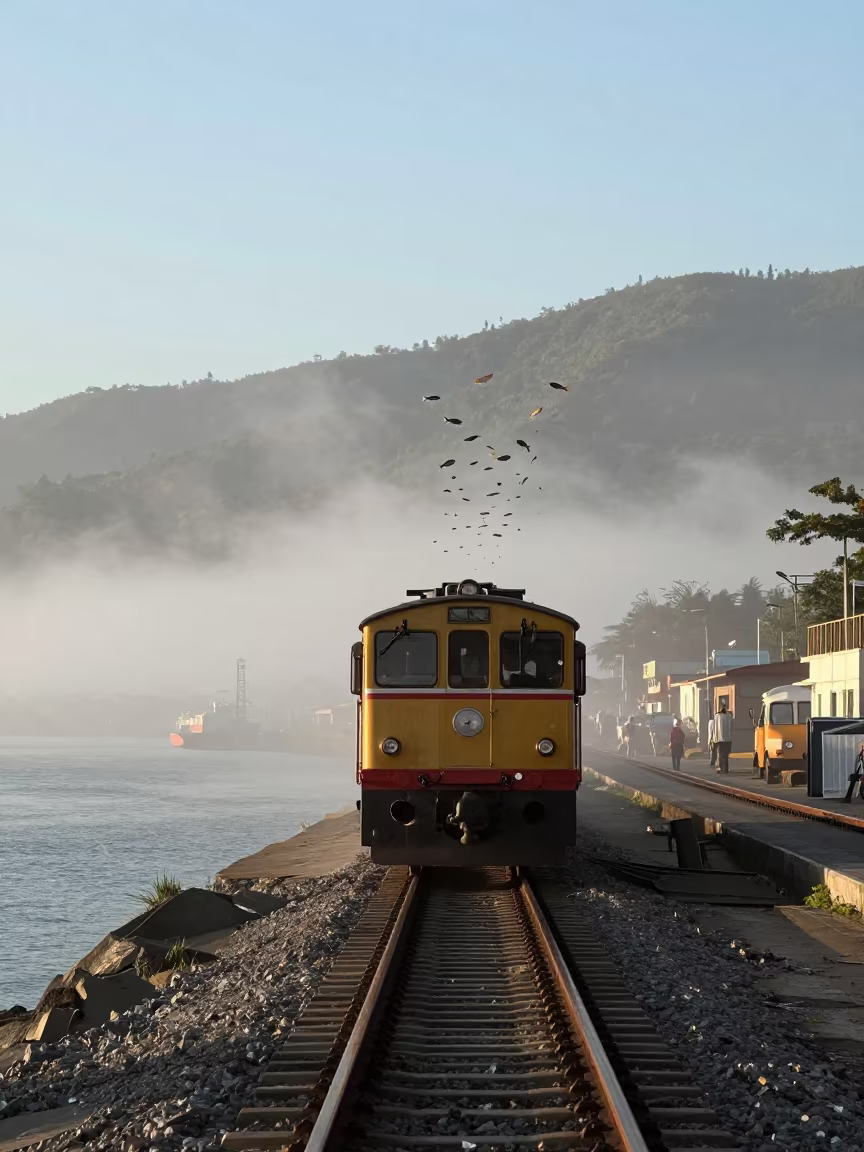 Railcar Fish Swarm Harbor Monsoon in beside a fogbound harbor mouth near Santiago de Veraguas