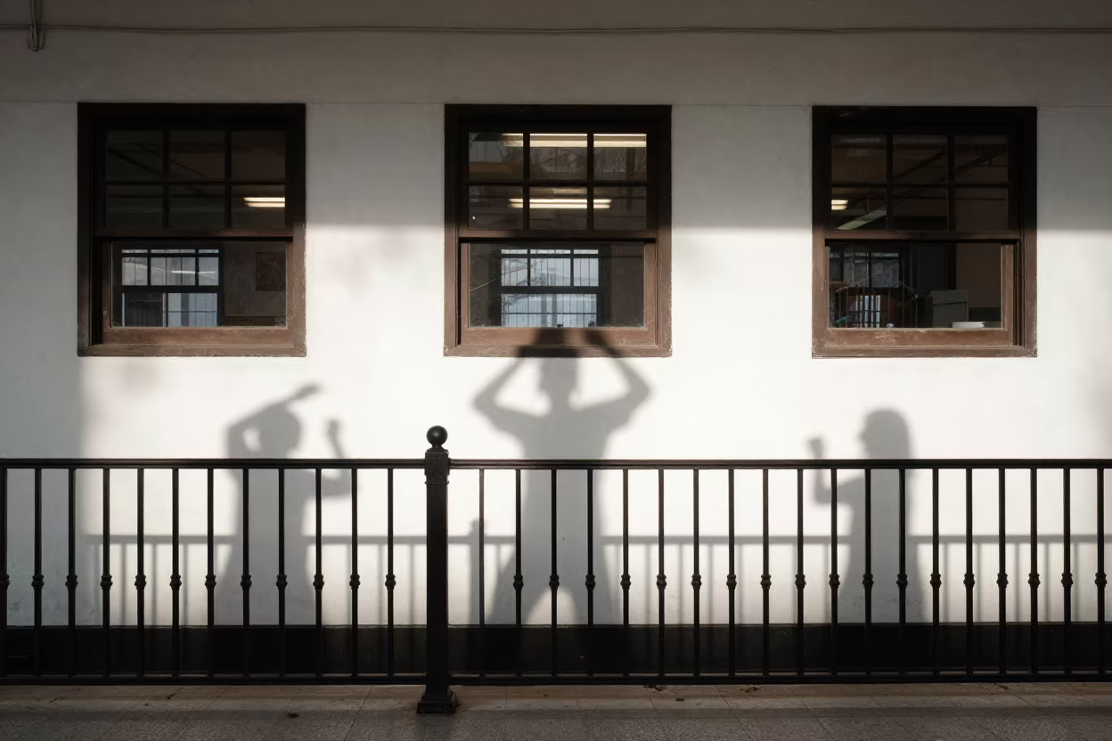 Railings Cast Rhythmic Shadows on Whitewashed Wall in inside a restored train terminal in Saharanpur