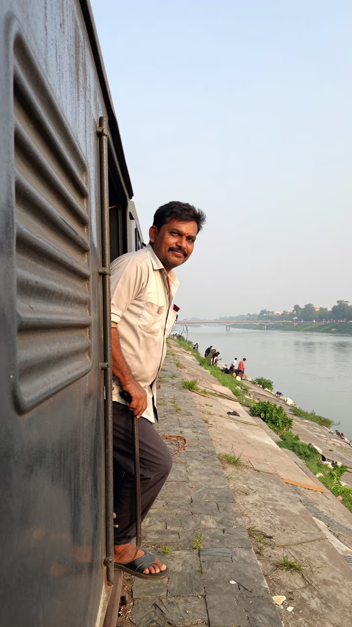 Railroad Engineer Leaning From Locomotive in Delhi in near a riverside landing in Chandni Chowk, Delhi