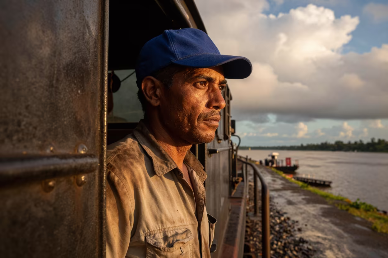 Railroad Engineer Portrait Calabar Evening in near a riverside landing in Calabar