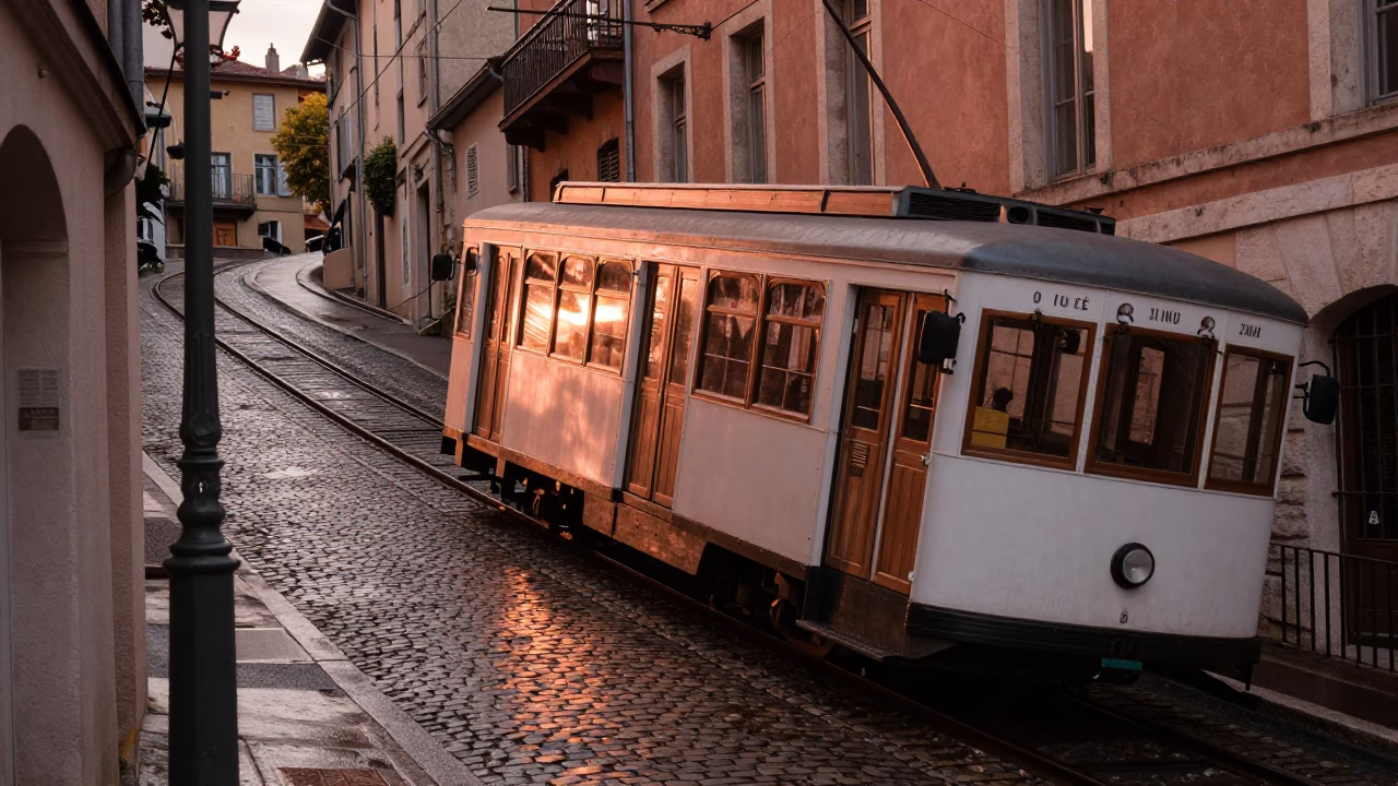 Railway Ascent in Lyon at Copper-toned Light Before Dusk in in Lyon, France