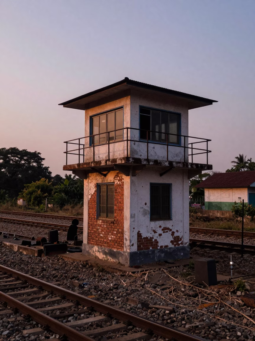 Railway Signal Cabin Beside Switch Tracks at Dawn in Chennai India in in Chennai, India