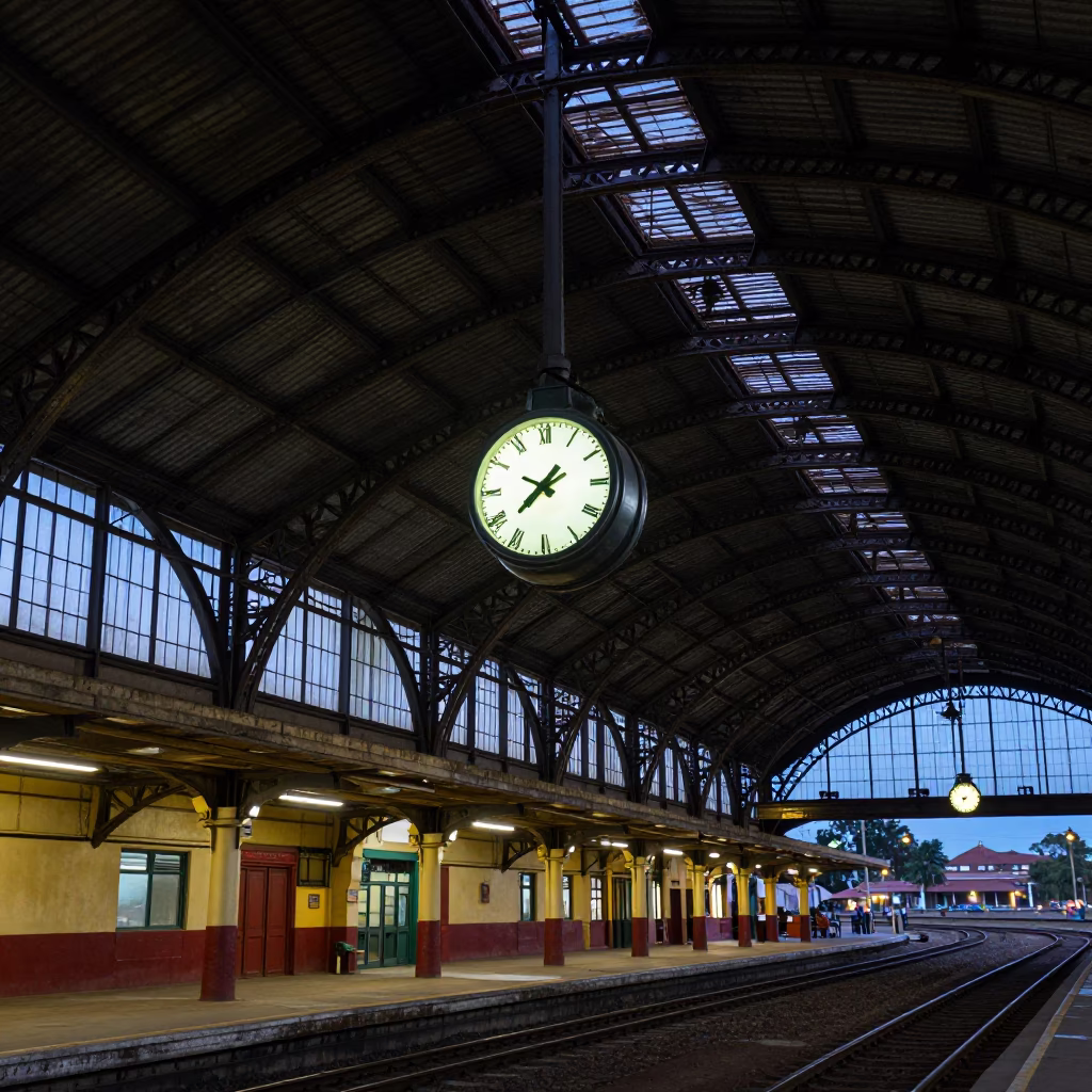 Railway Station Clock And Iron Roof Architecture at Twilight in Nairobi in in Nairobi, Kenya