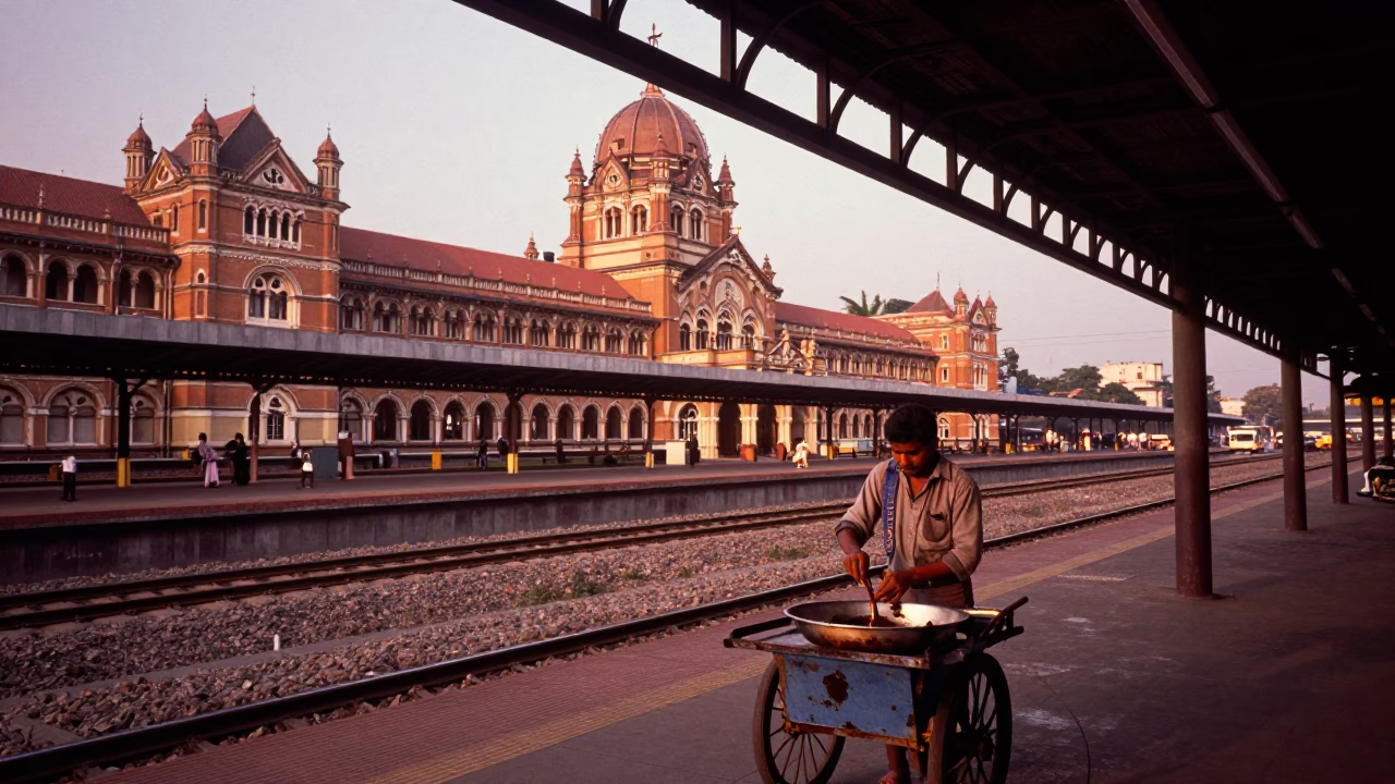 Railway Terminus in Mumbai at Copper-toned Light Before Dusk in in Mumbai, India