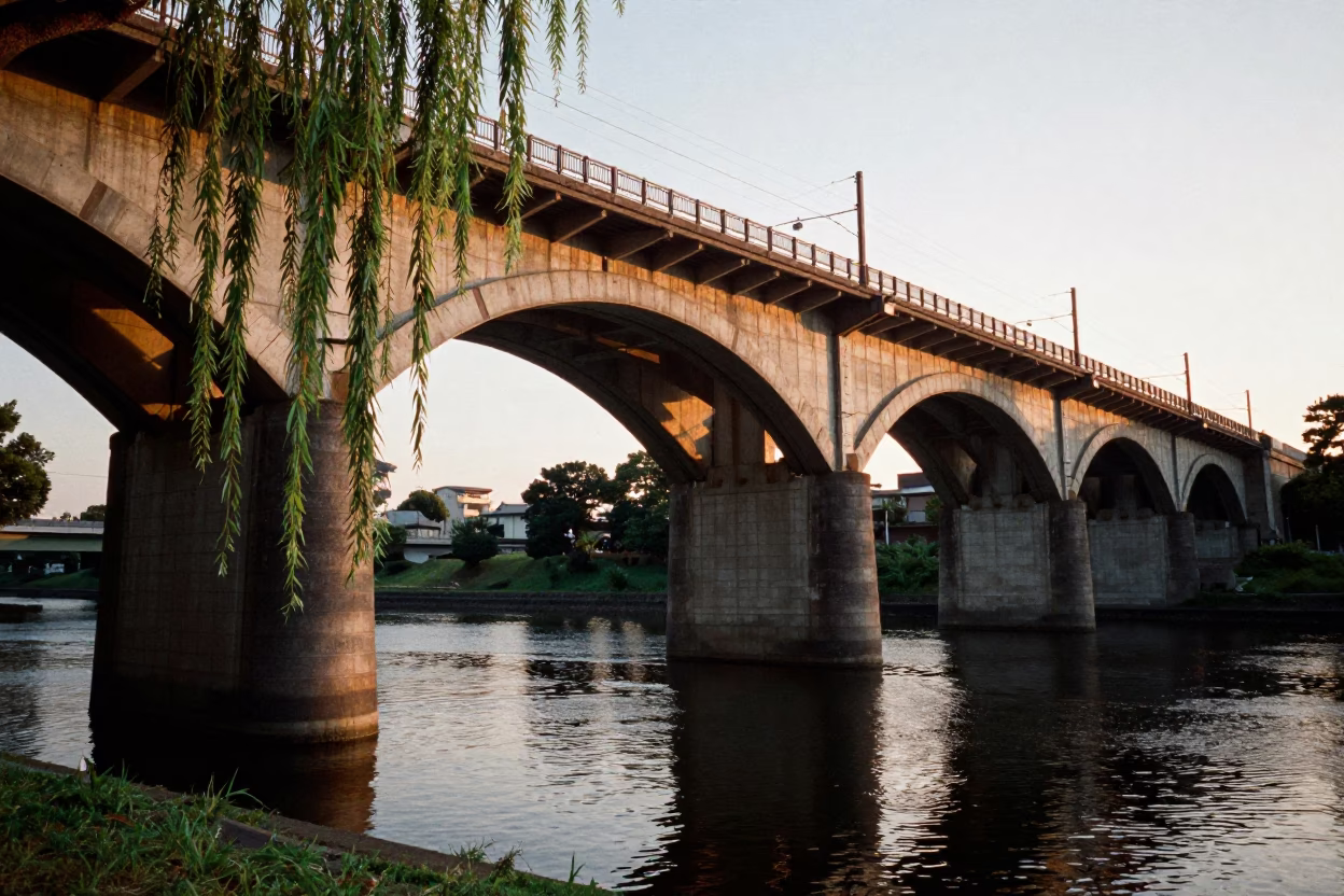 Railway Viaduct Arches in Tokyo at Sunset Light in in Tokyo, Japan