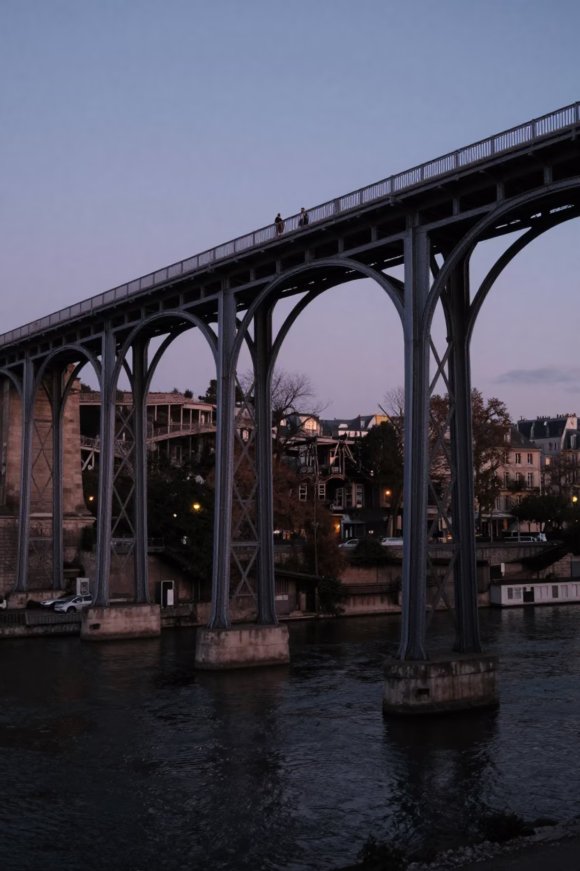Railway Viaduct Arches Spanning The Valley in Paris at Twilight in in Paris, France