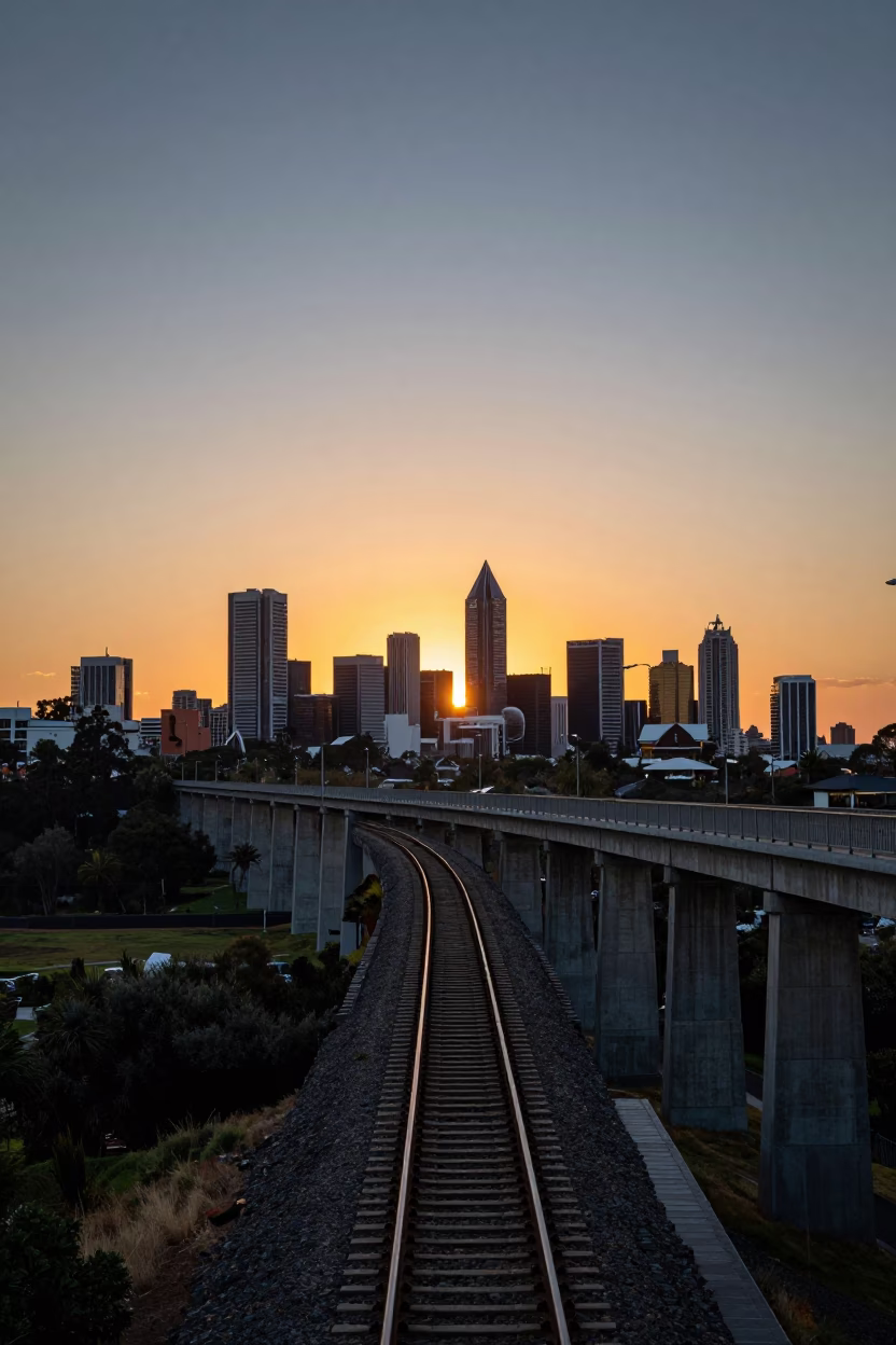 Railway Viaduct in Perth at As The Sun Drops Toward The Horizon in in Perth, Western Australia, Australia