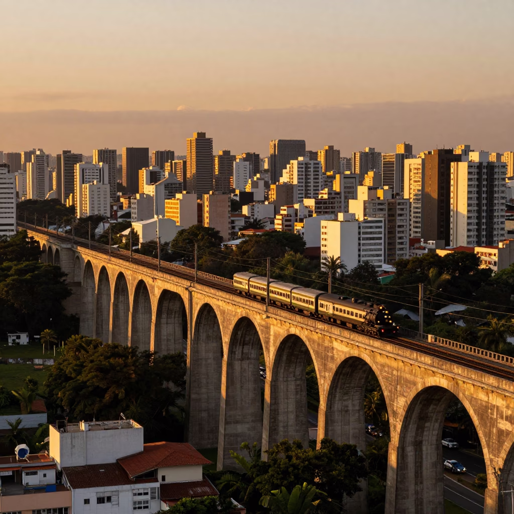 Railway Viaduct in São Paulo at Golden Hour in in São Paulo, Brazil