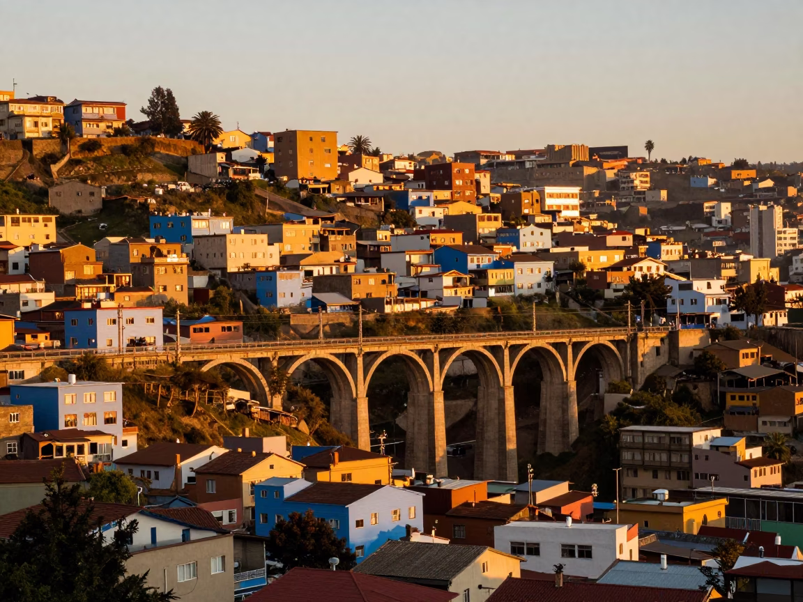 Railway Viaduct in Valparaiso at Golden Hour in in Valparaiso, Chile