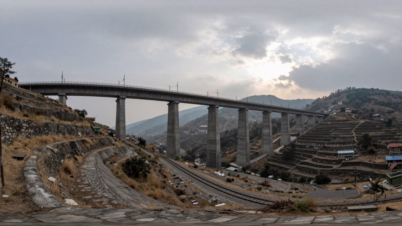 Railway Viaduct Over Terraced Hills in Evening Light in beneath a bridge span in Uttarakhand