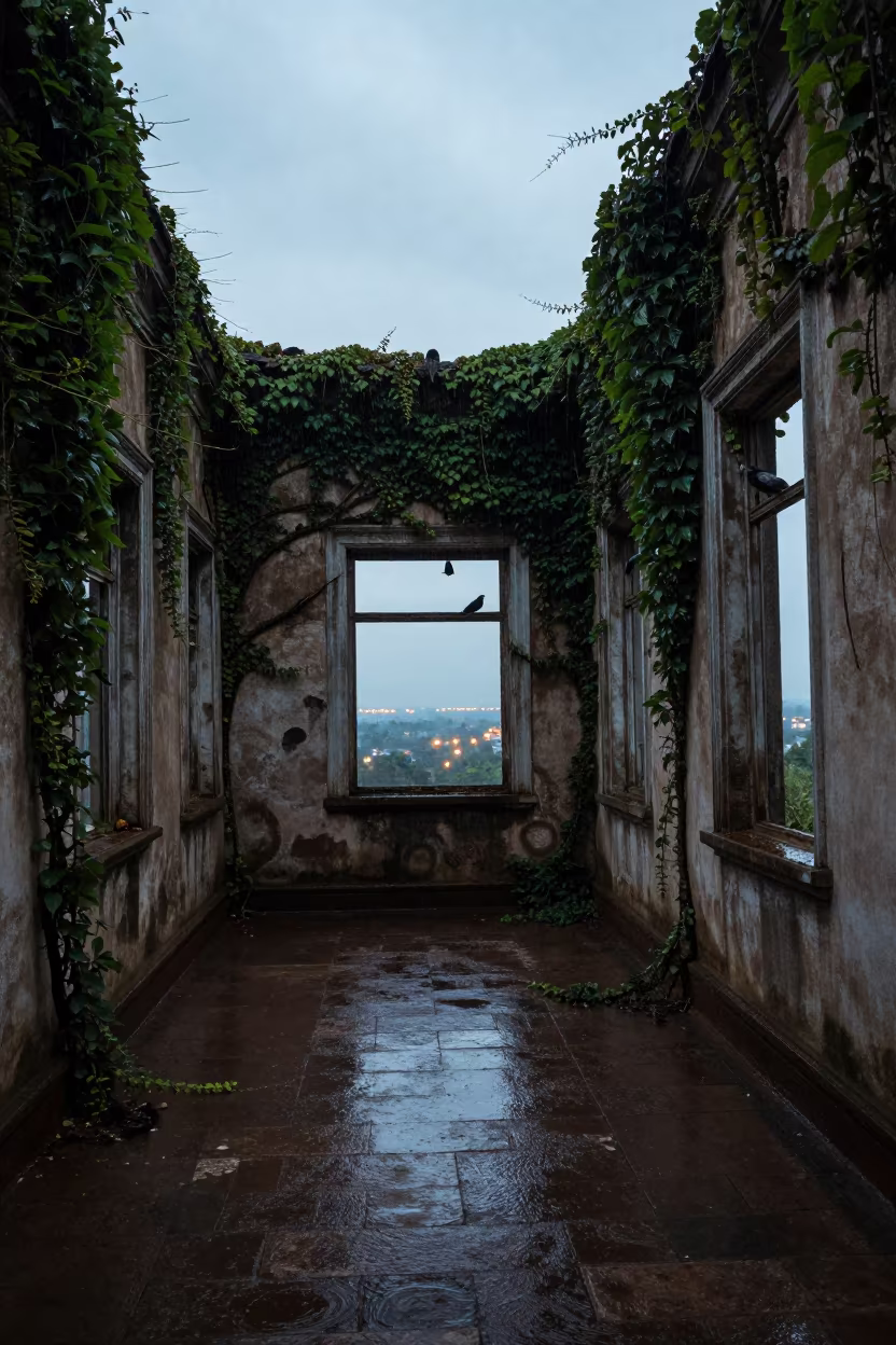 Rain Falls on Abandoned Nursery Ruins in along a vine-choked corridor near Bujumbura