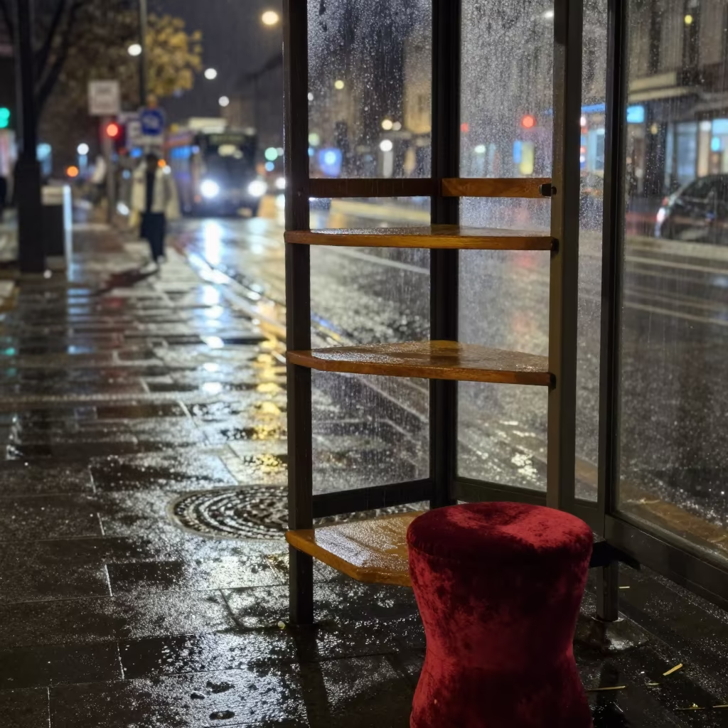 Rain at Ohrid Tram Stop Empty Shoe Shine in at a tram stop in Ohrid
