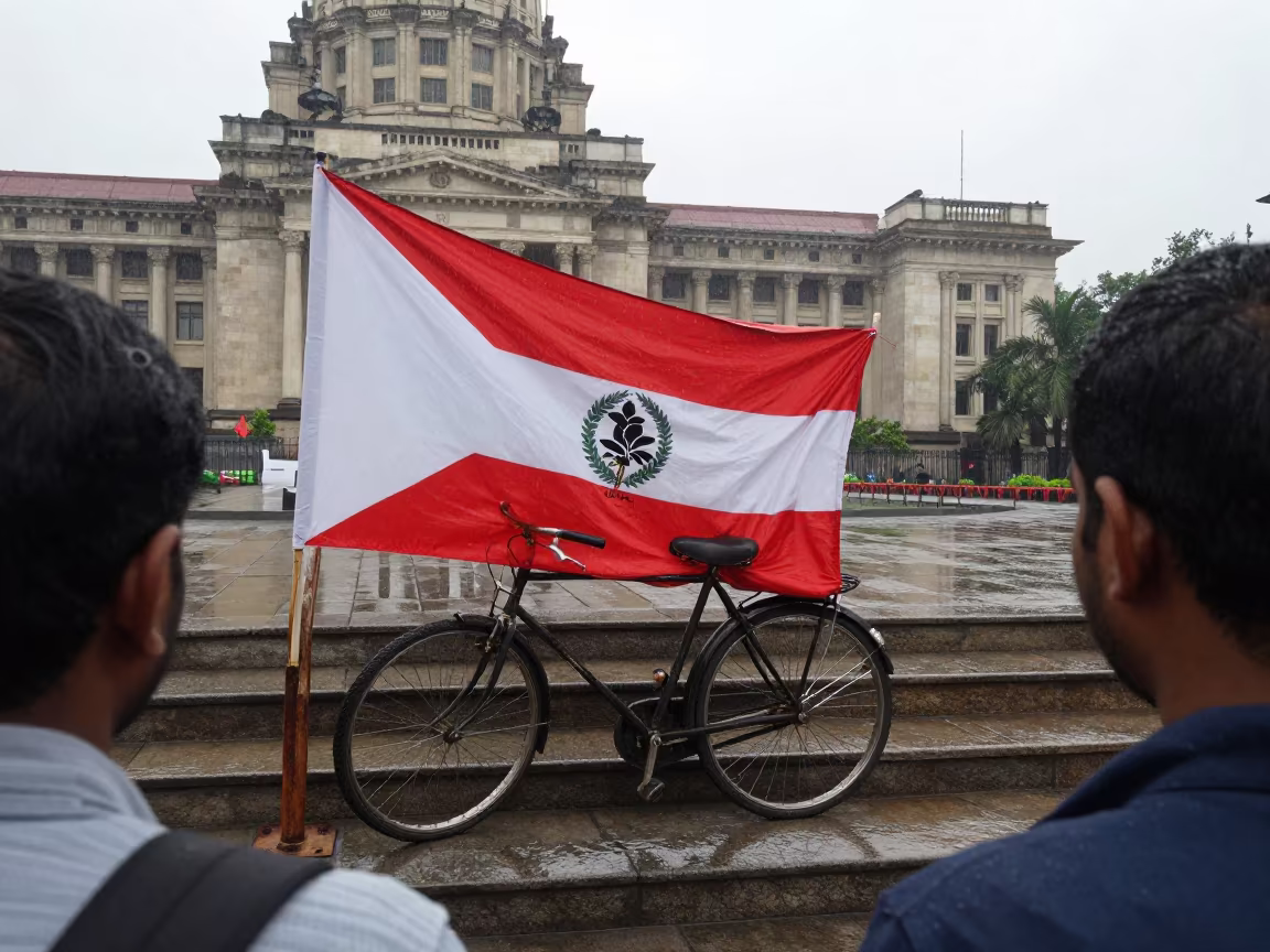 Rain Banner on Bicycle Rack at Ahmedabad City Hall in on the steps of city hall in Ahmedabad