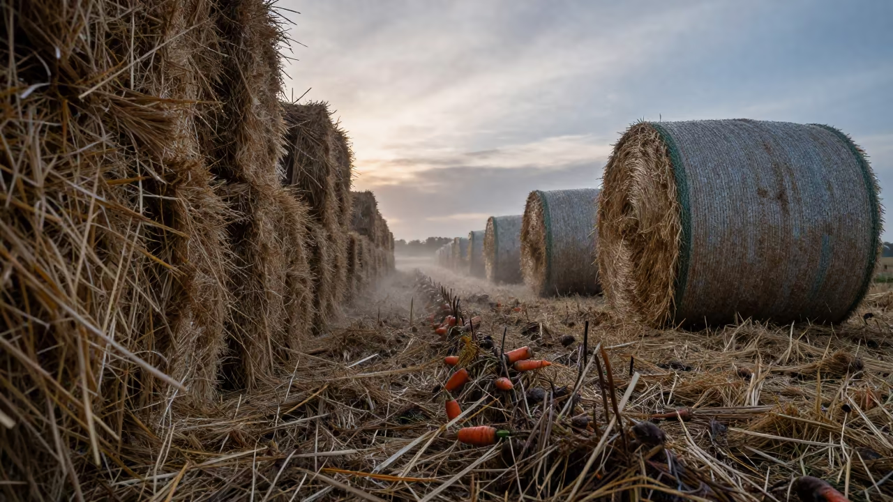 Rain Beaded Carrots Before Dawn Near Hay Bales in beside stacked hay bales near Derby