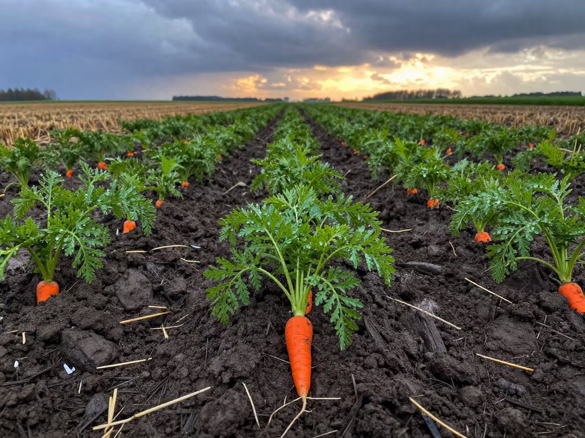 Rain-beaded Carrots in Loire Valley Sunset in across a harvested grain field in the Loire Valley
