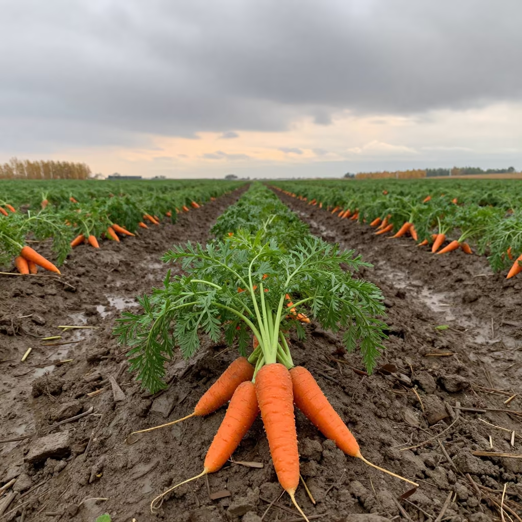 Rain Beaded Carrots in Osh Fields Late Autumn in along freshly irrigated rows near Osh