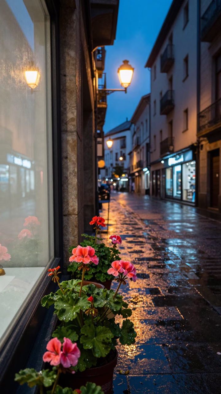 Rain-beaded Geraniums in Bilbao in in Bilbao, Spain