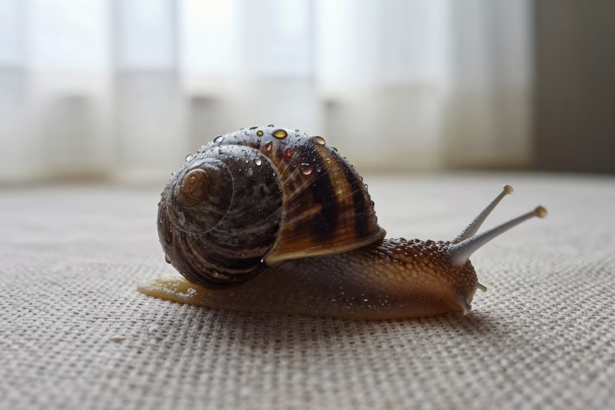 Rain Beaded Snail Shell on Linen at Dawn in against woven linen fibers near Seiyun