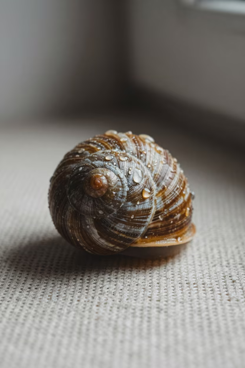 Rain Beaded Snail Shell on Linen in Lviv in against woven linen fibers in Lviv