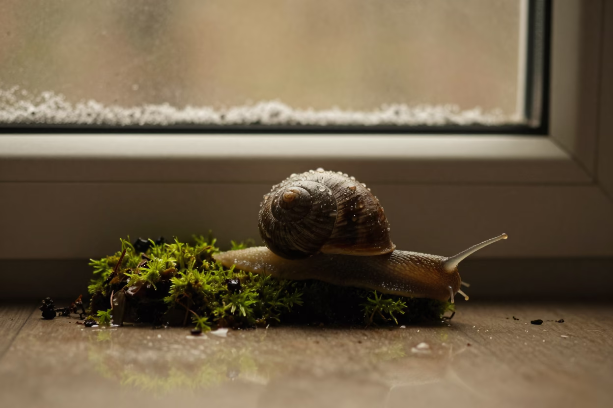 Rain Beaded Snail Shell on Moss Night in along a frost-edged windowpane in Baltimore