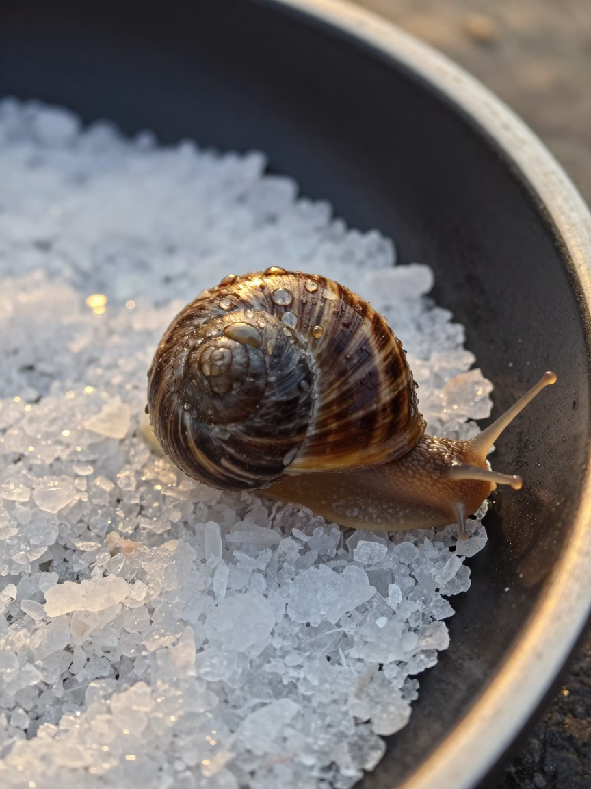 Rain Beaded Snail Shell Salt Pan Macro in on salt crystals along a pan rim near Nanning