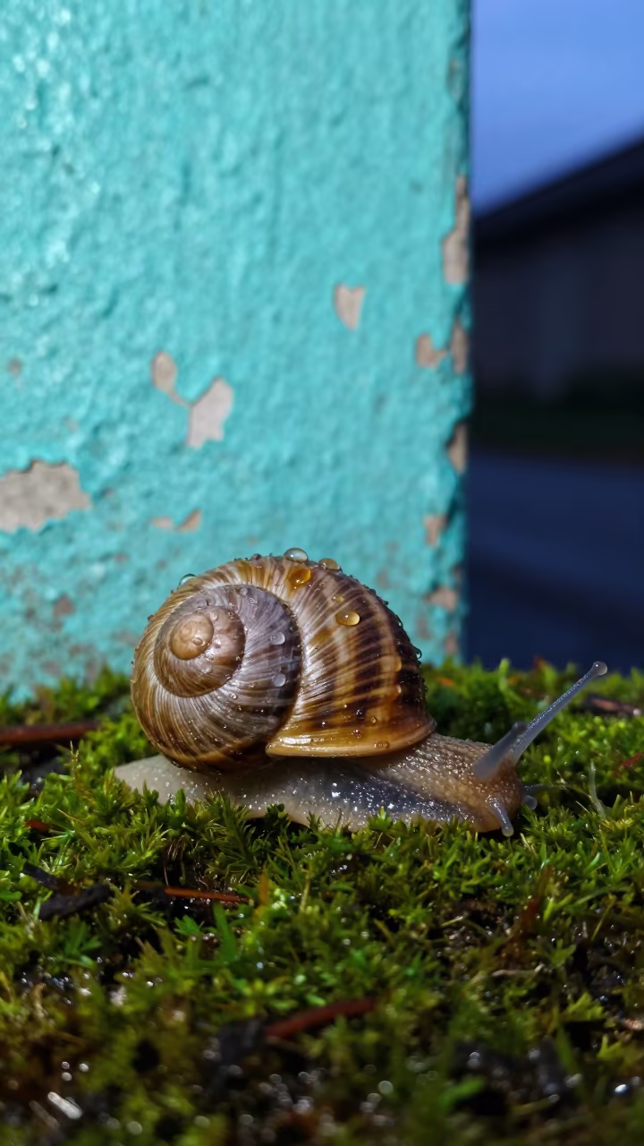 Rain Beaded Snail Shell Turquoise Wall Istanbul in against weathered turquoise paint in Istanbul