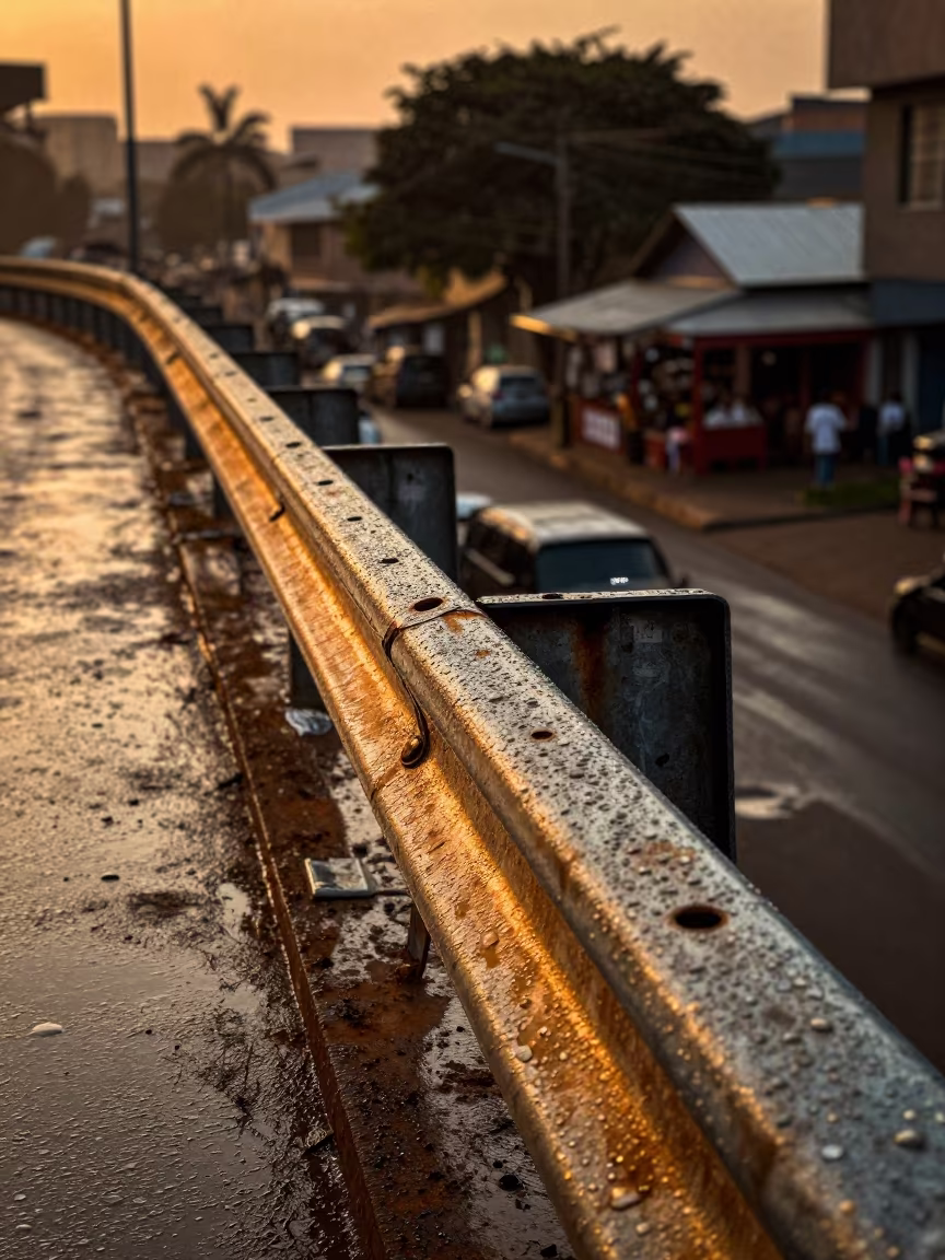 Rain Beading on Overpass Rail in Lubumbashi Evening in outside a corner cafe in Lubumbashi