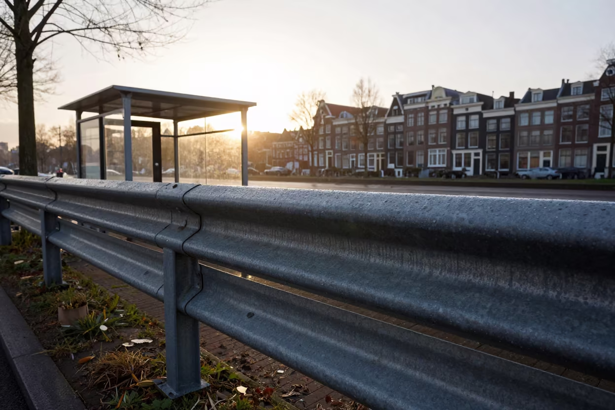 Rain Beading on Steel Guardrail Over Oud-West Decay in beside a steamed-up bus shelter in Oud-West, Amsterdam