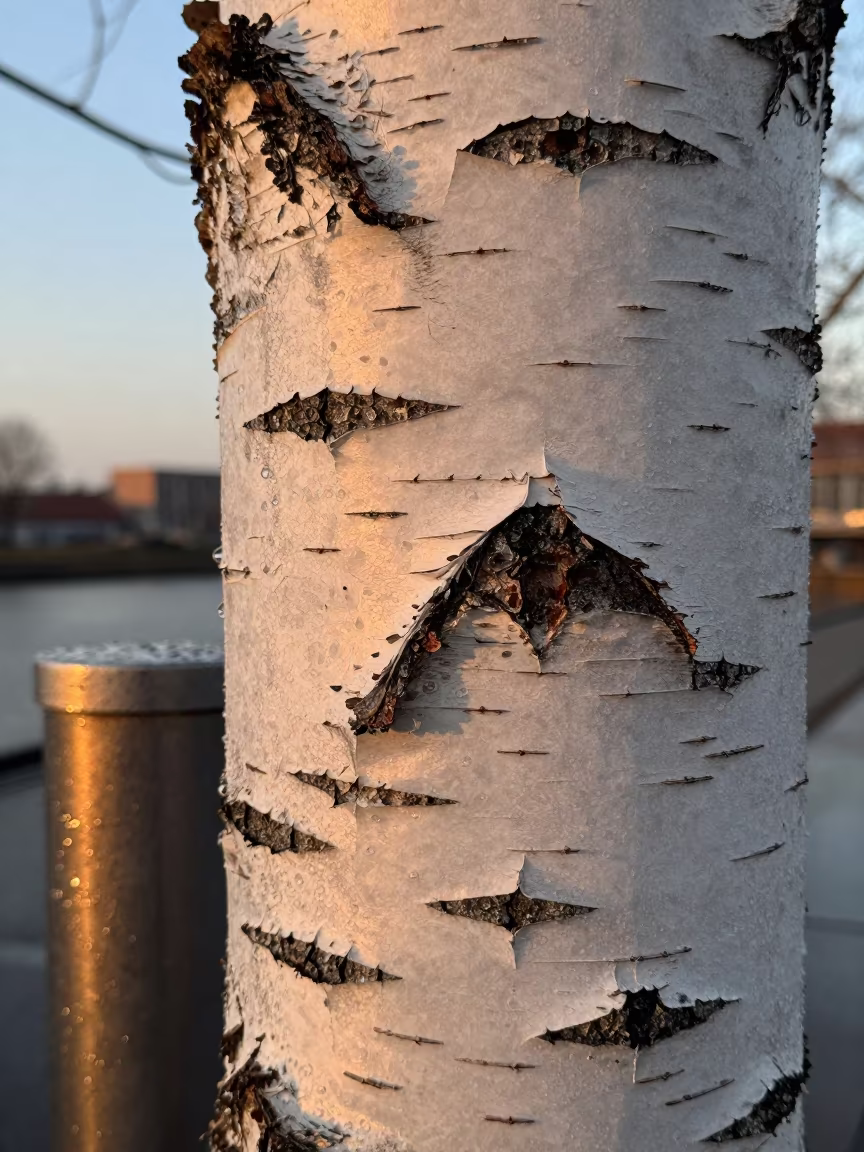 Rain Beads on Birch Bark Macro in across a rain-beaded metal surface near Rotterdam