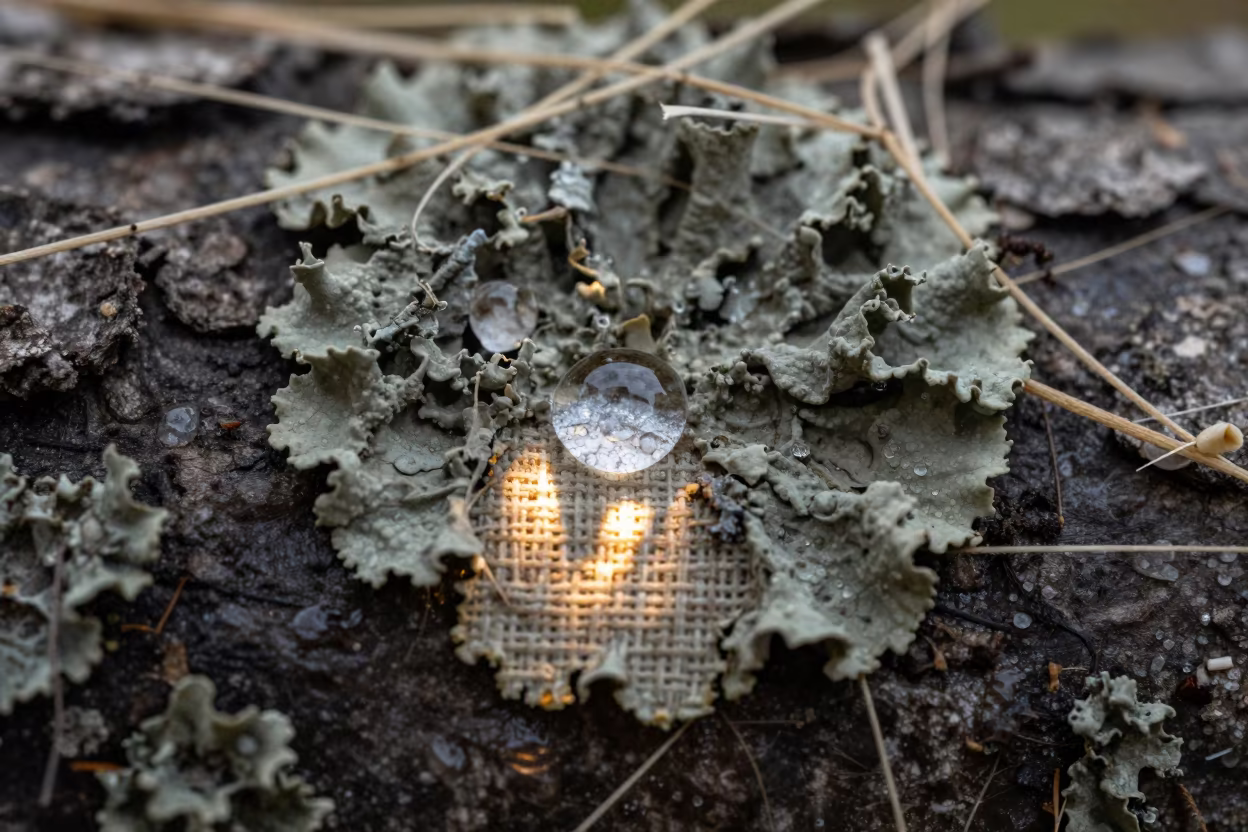 Rain Beads in Lichen on Bark Near Linen in against woven linen fibers near Copenhagen