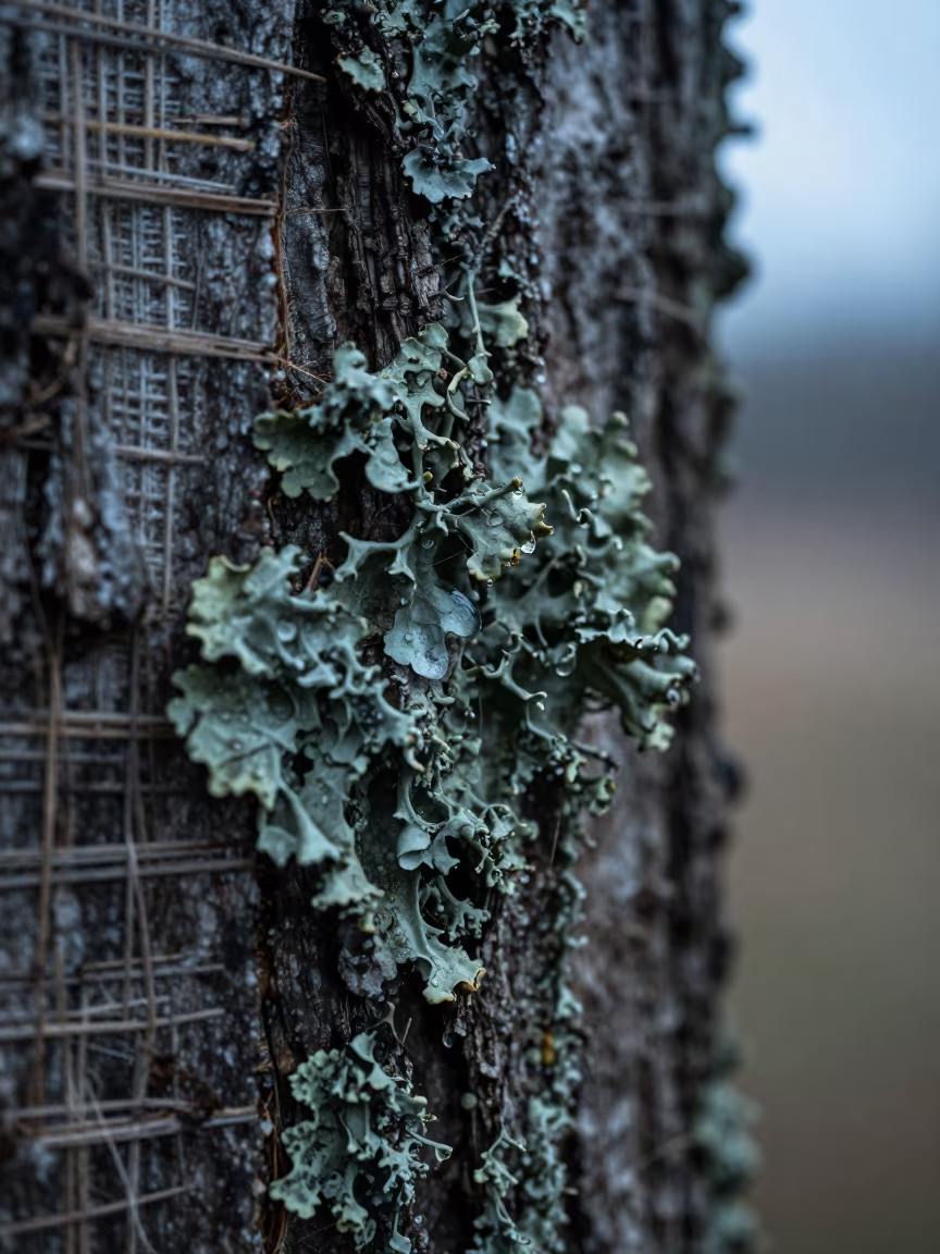Rain Beads in Lichen on Bark in against woven linen fibers in Mongu