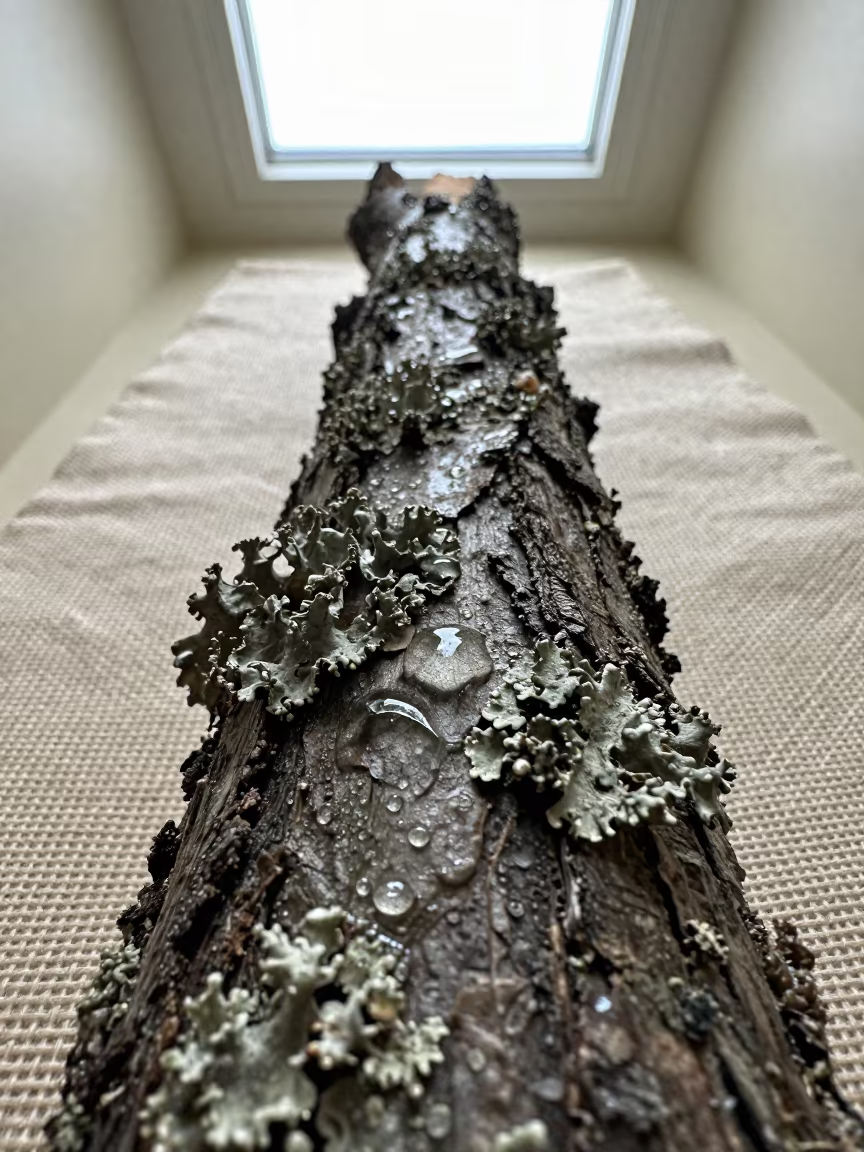 Rain Beads on Lichen Against Woven Linen in against woven linen fibers near Midtown, Detroit