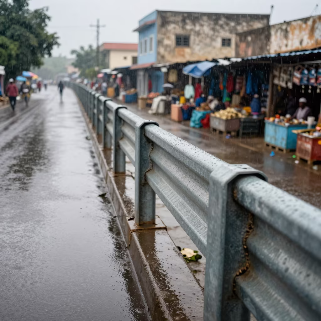 Rain Beads on Steel Guardrail Over Maradi Street in along a market-lined side street in Maradi