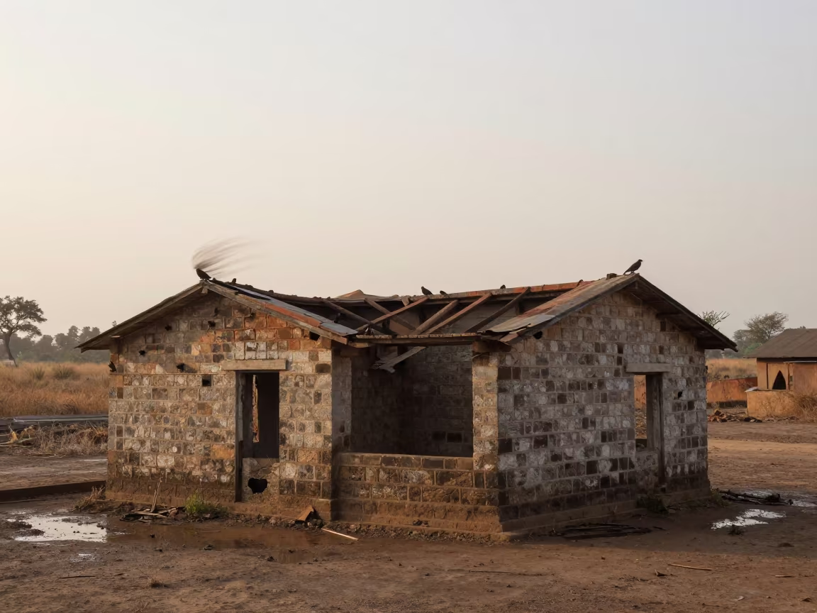 Rain and Birds in Roofless Nursery at Dawn in inside a roofless hammam near Tamale