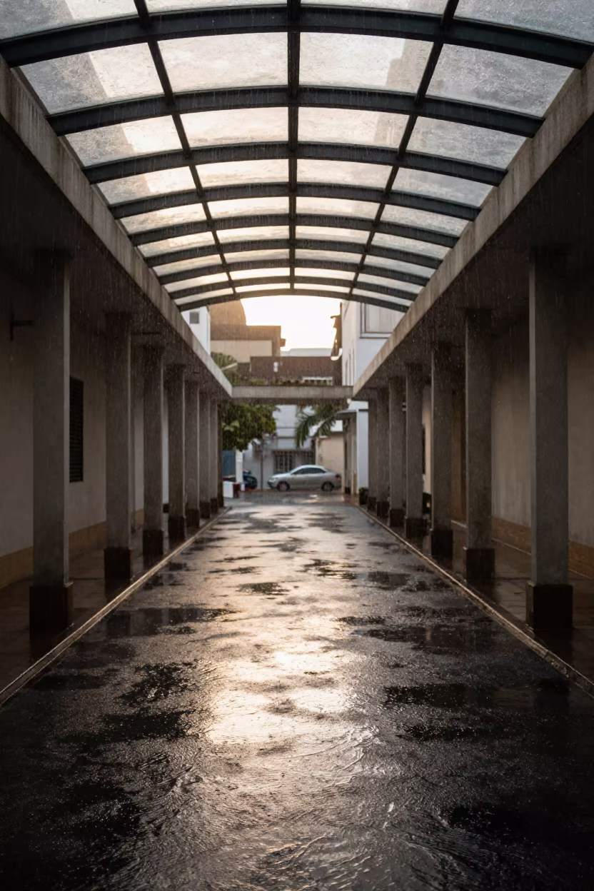 Rain on Black Water in Maputo Arcade in inside a glass-roofed arcade near Maputo