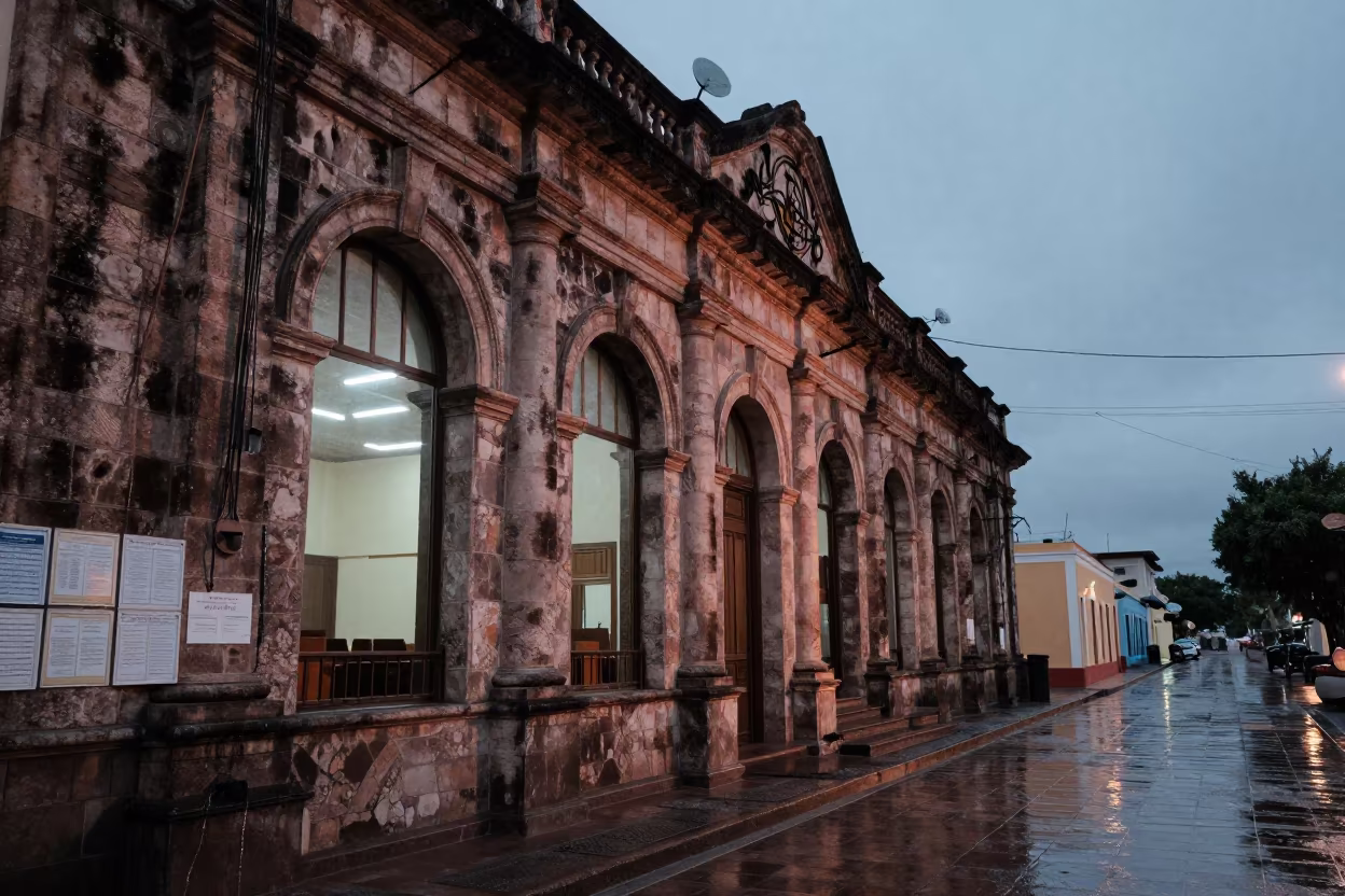 Rain-Blackened Courthouse Facade with Satellite Cables in in a fluorescent town hall meeting room in Campeche