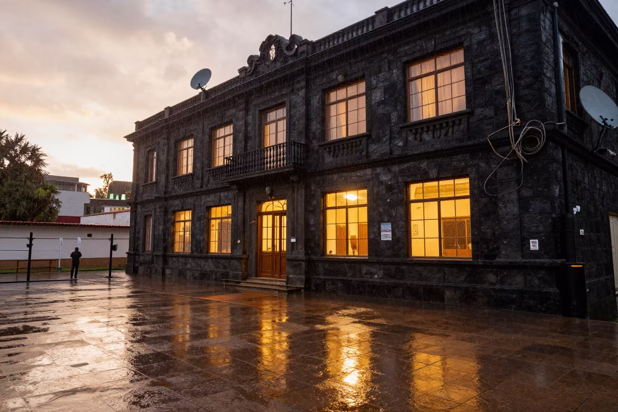 Rain Blackened Stone Facade Inside La Paz Gymnasium in inside a polling station gymnasium near Zona Sur, La Paz