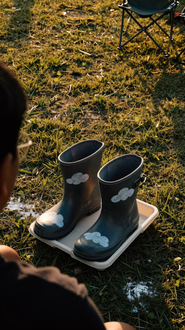 Rain Boot Tray Chalk Dust on Graduation Lawn in on a graduation lawn under folding chairs near Kanpur