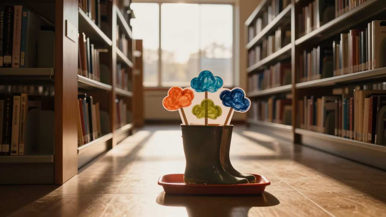 Rain Boot Tray and Finger Painted Clouds in Library in inside a campus library reading room in Bursa