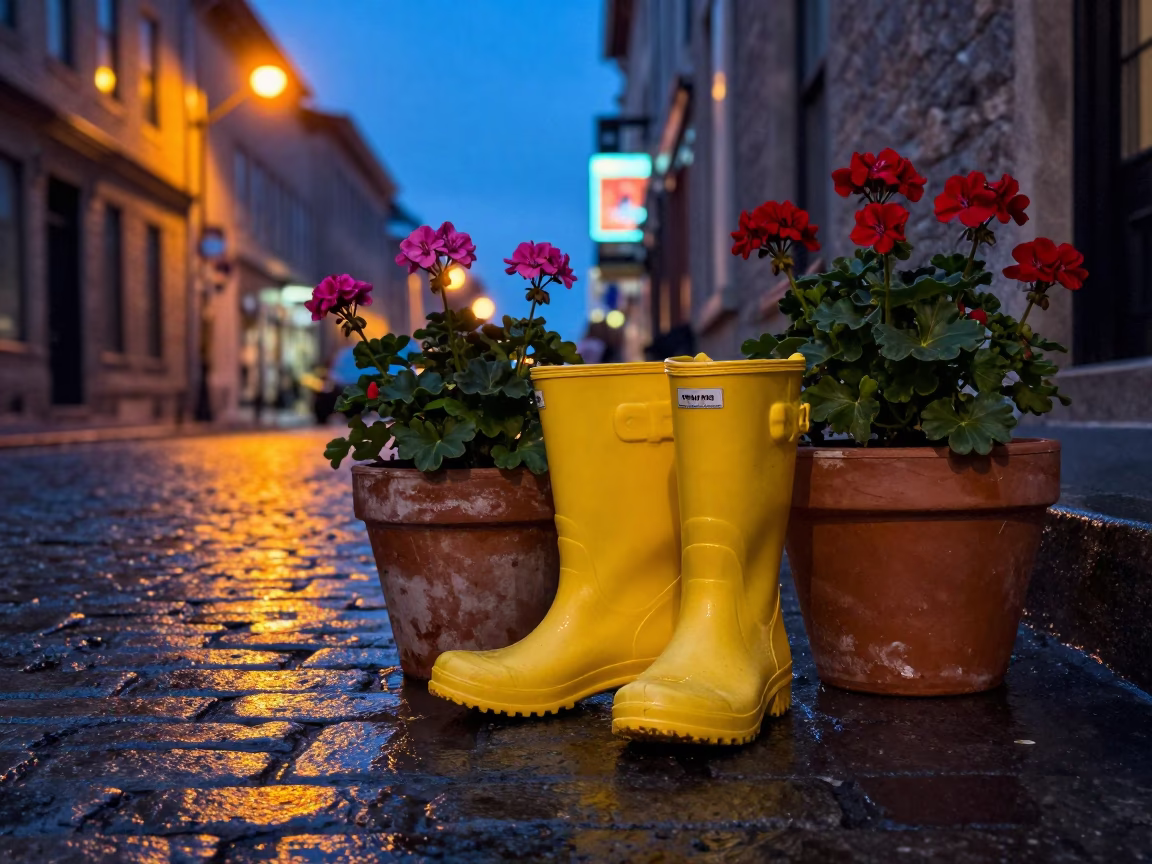Rain Boots after dark in Montreal in in Montreal, Quebec, Canada