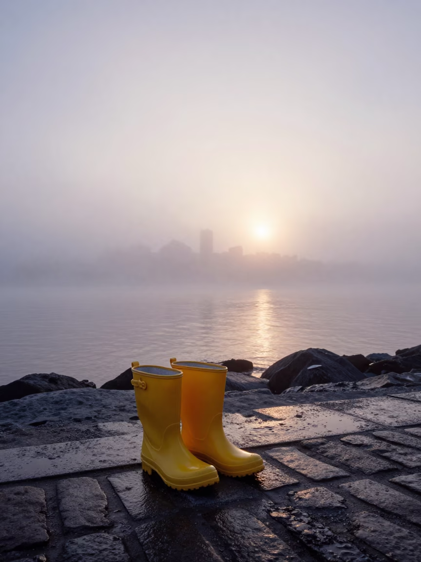 Rain boots and harbor fog at dawn in Halifax Nova Scotia Canada waterfront in in Halifax, Nova Scotia, Canada